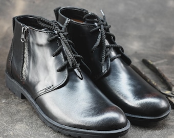 Botas Chukka de piel negra para hombre, hechas a mano, con cremallera, estilo clásico e informal.