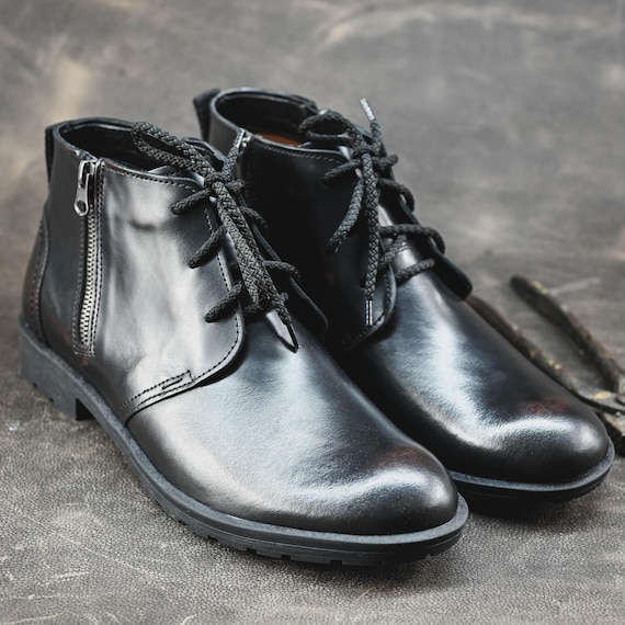 Men\'s Black Leather Casual Boots Zipper Chukka Boots Amazon.com | Holy dove Men main image 4