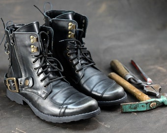 Botas de moto de cuero italiano hechas a mano, botas altas para hombres, botas de cuero para hombres, botas de cuero hechas a mano, botas de combate, botas negras, no. Chad