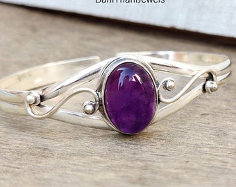 Handmade Amethyst 925 Sterling Silver Bangle, Adjustable Gemstone Bracelet