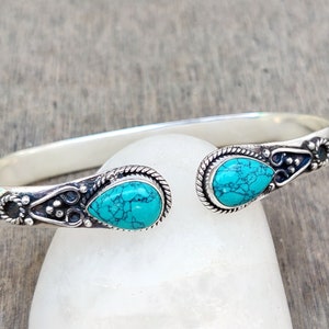 Handmade Turquoise 925 Sterling Silver Bangle, Adjustable Gemstone Bracelet