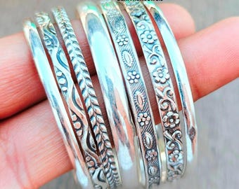 Sterling Silver Bangle Set, Etched Floral Design, Set of 7