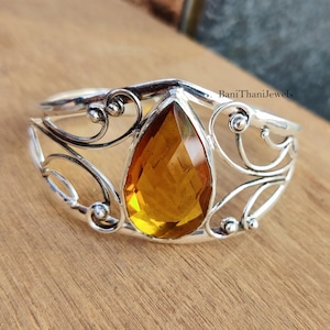Handgefertigter Citrin 925 Sterling Silber Armreif - Verstellbare Boho-Manschette