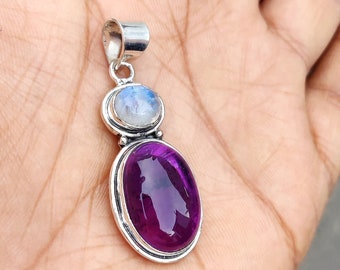 Pendentif en argent 925 avec pierre de lune et améthyste : bijoux tendance avec pierres précieuses