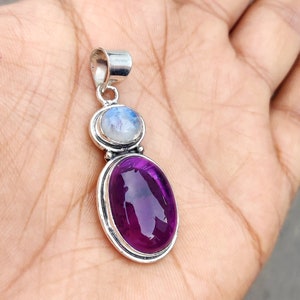 Moonstone Pendant, Amethyst Pendant, Purple Pendant, 925 Silver Pendant, Gemstone Jewelry, Statement Jewelry, Rainbow Jewelry, Gift For Her