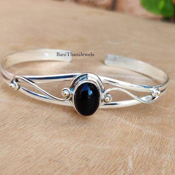 Black Onyx Bangle, Handmade Bangle, Cuff Bangle, Black Onyx Bracelet, Gemstone Bangle, 925 Sterling Silver Bangle, Adjustable Bangle