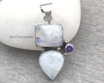 Moonstone Amethyst 925 Sterling Silver Pendant Necklace, Statement Jewelry