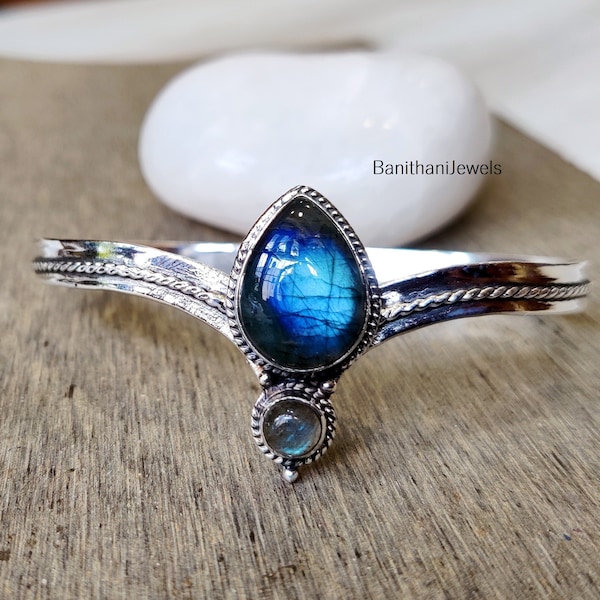 Handmade Labradorite 925 Sterling Silver Bangle, Adjustable Cuff