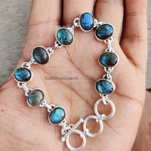 Pulsera de labradorita hecha a mano en plata de ley 925: joyería con piedras preciosas ajustables