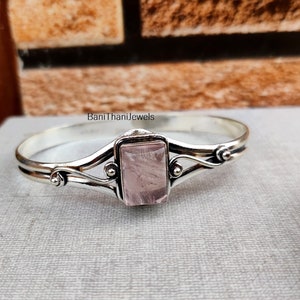 Handmade Rose Quartz 925 Sterling Silver Bangle - Adjustable