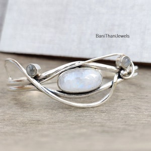Handmade Moonstone Cuff Bangle, 925 Sterling Silver Jewelry