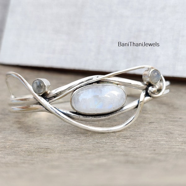 Handmade Moonstone Cuff Bangle, 925 Sterling Silver Jewelry