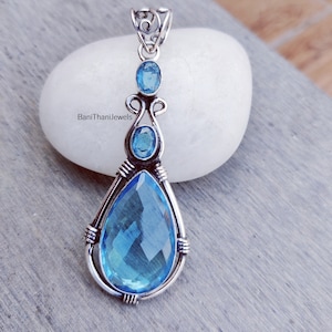 Blue Topaz Pendant, Silver Pendant, 925 Silver Sterling Pendant, Women Pendant, Blue Topaz Jewelry, Gemstone Pendant, Handmade Pendant