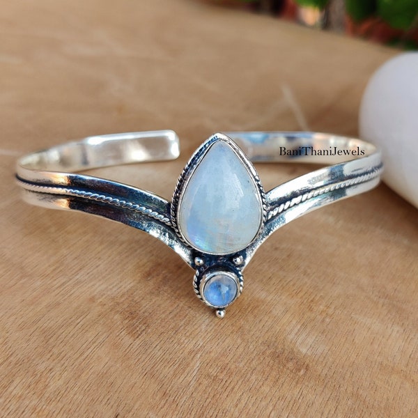 Handmade Moonstone Bangle: 925 Sterling Silver Adjustable Bracelet