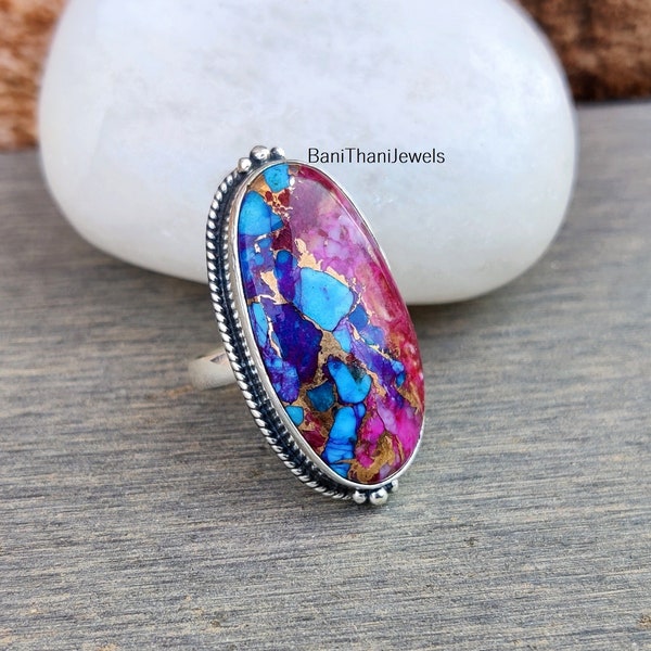 Handmade Pink Copper Turquoise Ring: 925 Sterling Silver Gemstone Ring
