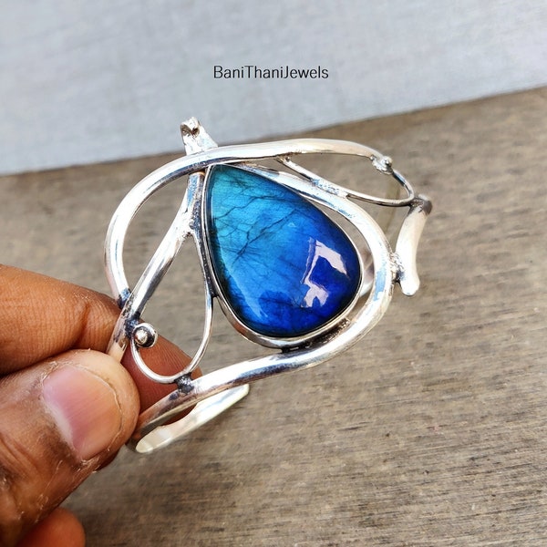 Labradorite Cuff Bangle: Handmade 925 Silver Adjustable Bracelet
