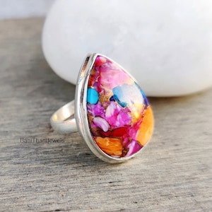 Anel de cobre rosa turquesa, anel de prata esterlina 925, anel de turquesa rosa, anel com pedras preciosas, anel feminino, anel feito à mão, joias de cobre rosa
