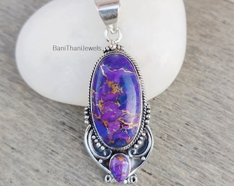 Handmade Purple Copper Turquoise 925 Sterling Silver Pendant