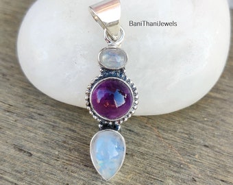 925 Silver Moonstone Amethyst Pendant, Statement Jewelry