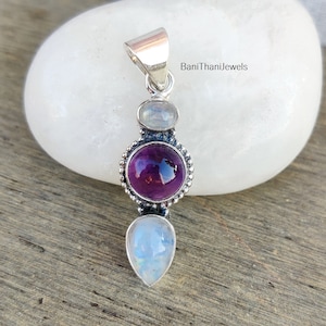 Moonstone Pendant, Moonstone Jewelry, Statement Jewelry, Rainbow Jewelry, Gift For Her, Amethyst Pendant, Silver Pendant, 925 Silver Pendant