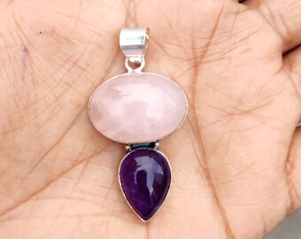 Colgante de plata con amatista y cuarzo rosa, joyería para mujer
