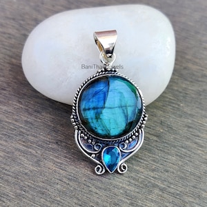 Labradorite Pendant, Blue Topaz Pendant, 925 Silver Sterling Pendant, Handmade Pendant, Gemstone Pendant, Labradorite Jewelry