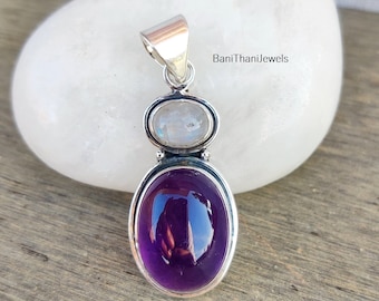 Pendentif en argent 925 avec pierre de lune et améthyste : bijoux en pierres précieuses