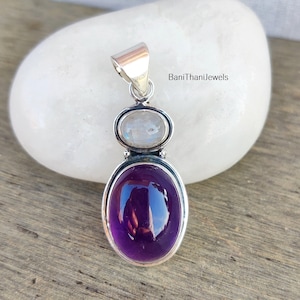 Moonstone Pendant, Amethyst Pendant, Purple Pendant, 925 Silver Pendant, Gemstone Jewelry, Statement Jewelry, Rainbow Jewelry, Gift For Her