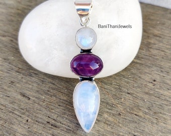 925 Silver Moonstone Amethyst Pendant, Handmade Gemstone Jewelry