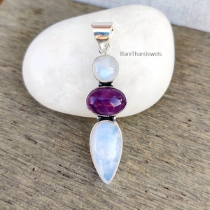 Moonstone Pendant, Gemstone Jewelry, Statement Jewelry, Rainbow Jewelry, Gift For Her, Amethyst Pendant, Silver Pendant, 925 Silver Pendant