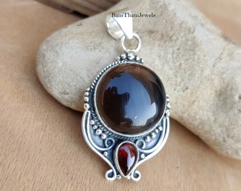 Smoky Quartz Pendant, Garnet Pendant, 925 Silver Sterling Pendant, Gemstone Pendant, Smoky Quartz Jewelry, Pretty Pendant, Garnet Jewelry