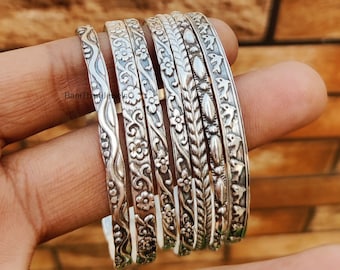 Silver Bangles, 7 Set Of Bangles, Set Of Bangles, Silver Bangle, 925 Silver Sterling Bangle, Flower Bangle, Women Bangles, Set Of Bangle