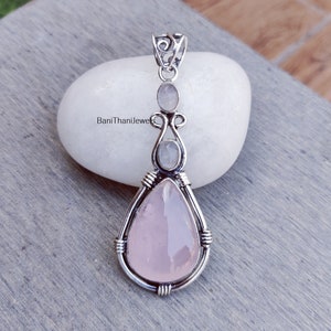 Rose Quartz Pendant, Moonstone Pendant, Silver Pendant, 925 Silver Sterling Pendant, Women Pendant, Handmade Pendant, Rose Quartz Jewelry