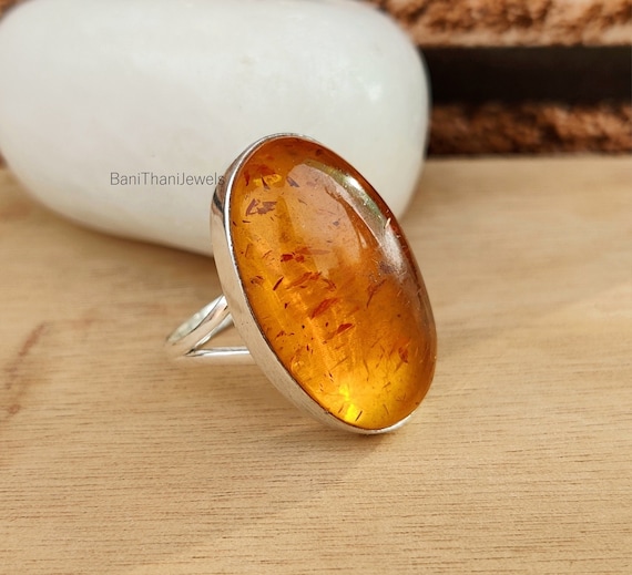 Bague En Argent Massif Avec Pierre Ambre - Taille 60, Occasion, Bijou Ancien