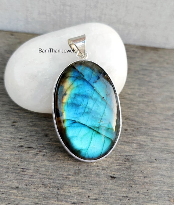 Blue Fire Labradorite Pendant: Handmade 925 Sterling Silver Jewelry