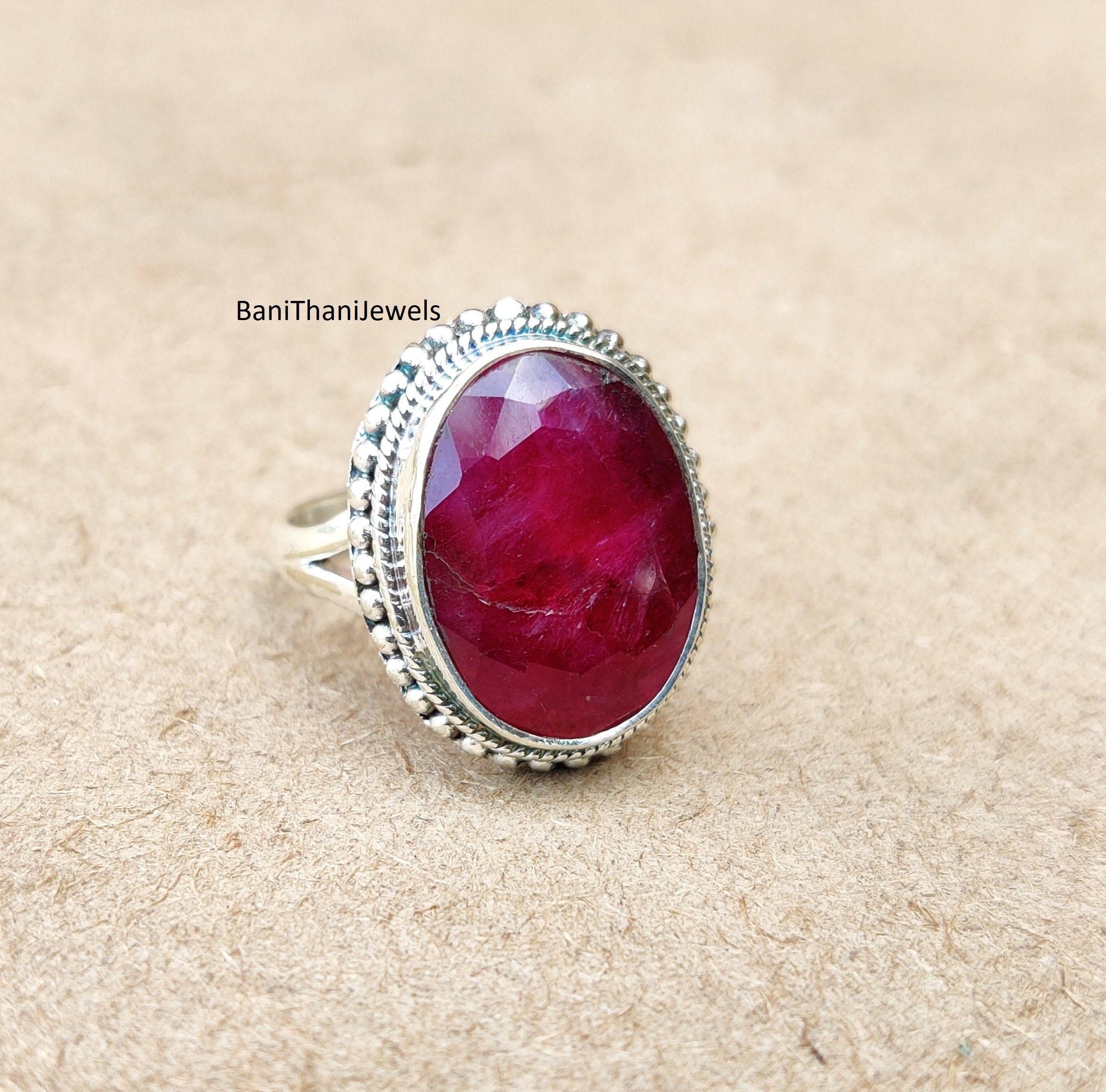 MayaRuth Sterling Silver Cocktail Ring - Created Ruby Red Gemstone With CZ Accents (Oval Shape, Vintage Style)