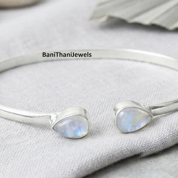 Sterling Silver Bangle, Rainbow Moonstone Gemstone, Handmade Jewelry