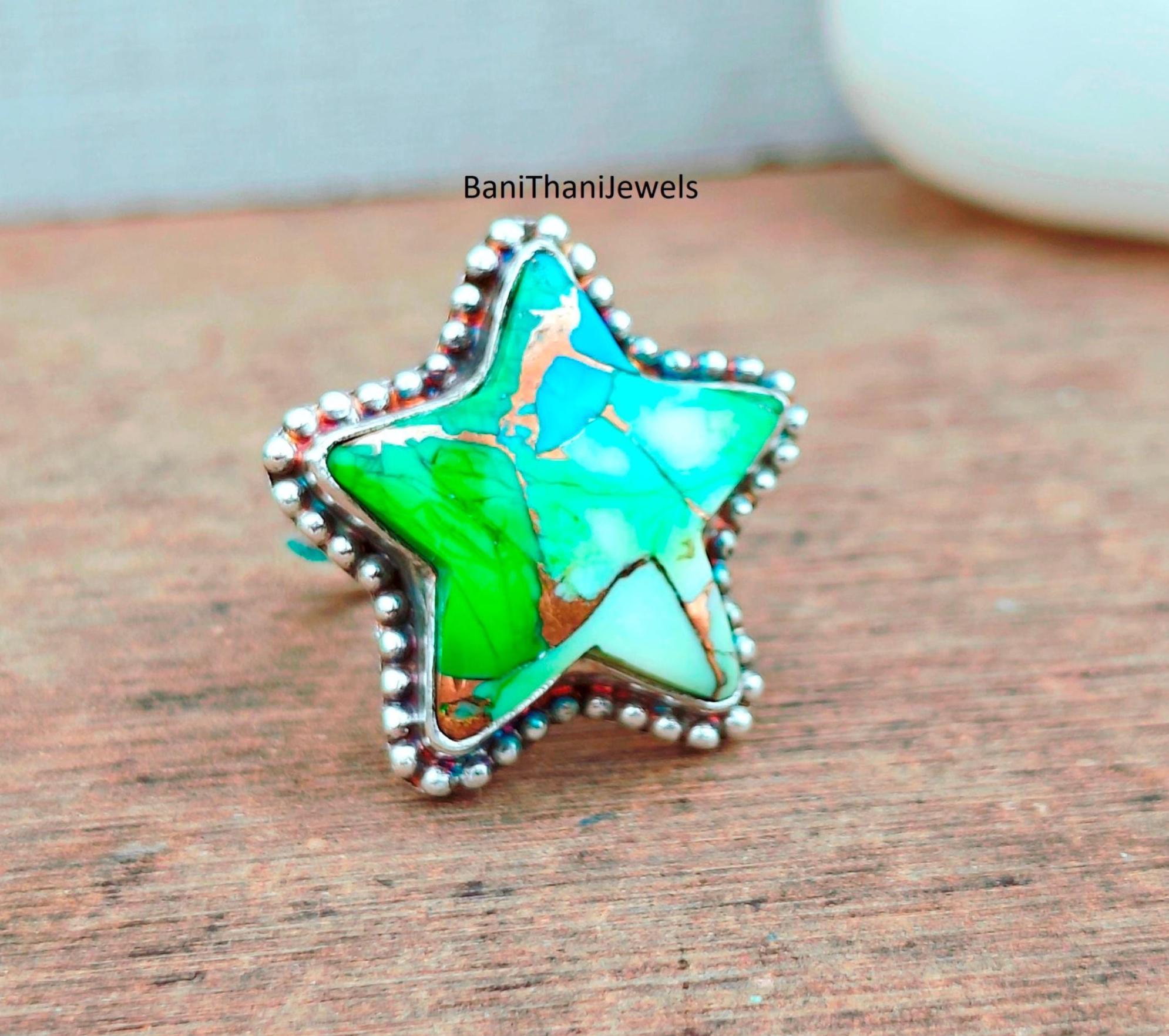 Honey Dahlia Turquoise Star Ring, Southwestern, Size 5 to 10  Sterling Silver Star Ring with Turquoise Dahlia main image 1