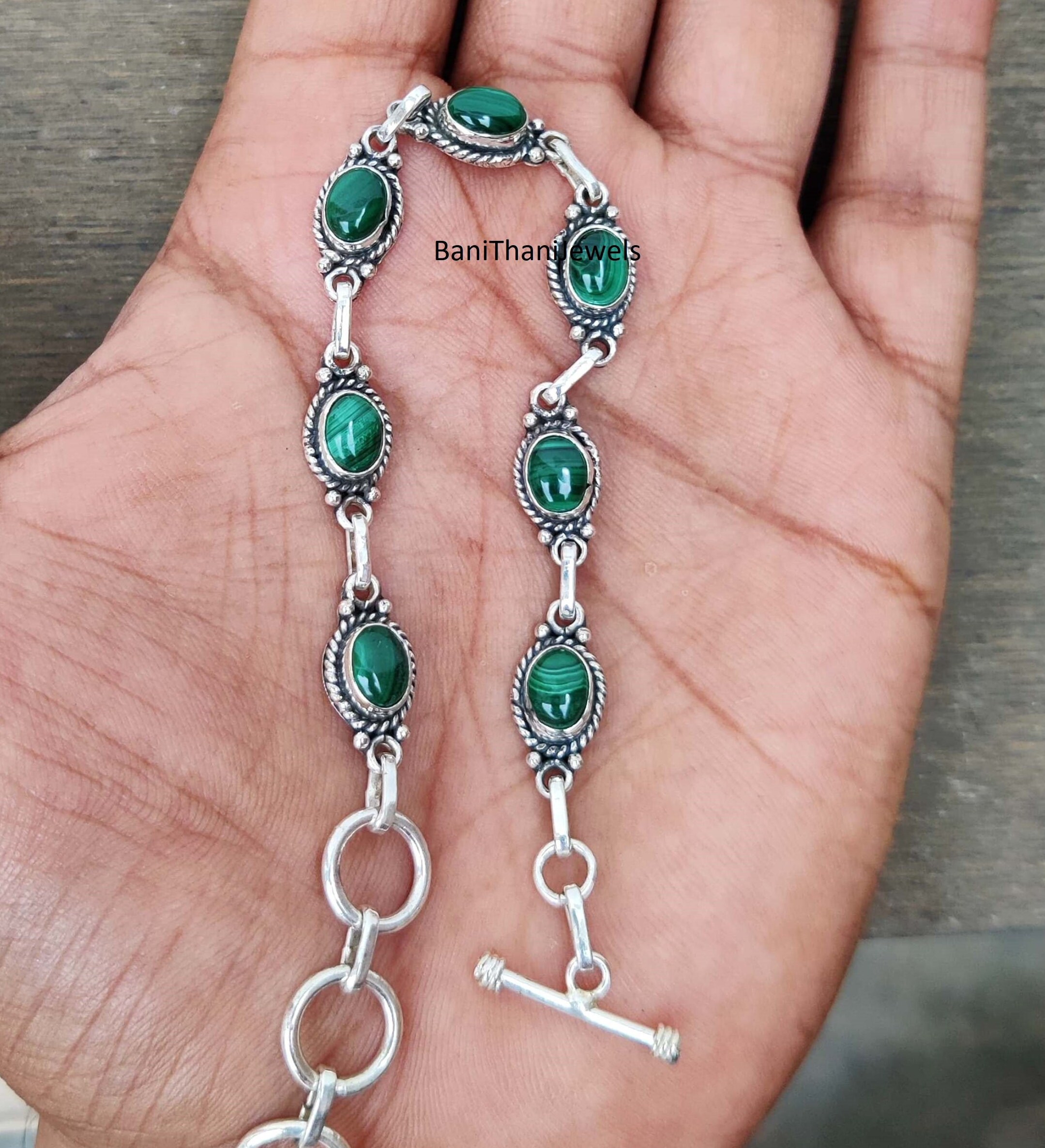 Handmade Malachite 925 Silver Bracelet, Adjustable Gemstone