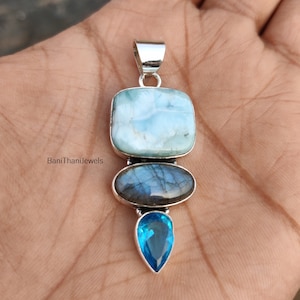 Larimar Anhänger, Blautopas Anhänger, Labradorit Anhänger, 925 Silber Sterling Anhänger, Handgefertigter Anhänger, Edelstein Anhänger, Larimar Halskette