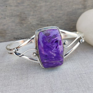 Charoite Bangle, Handmade Bangle, Gemstone Bracelet, 925 Silver Sterling Bangle, Charoite Jewelry, Adjustable Bracelet, Silver Bracelet image 7