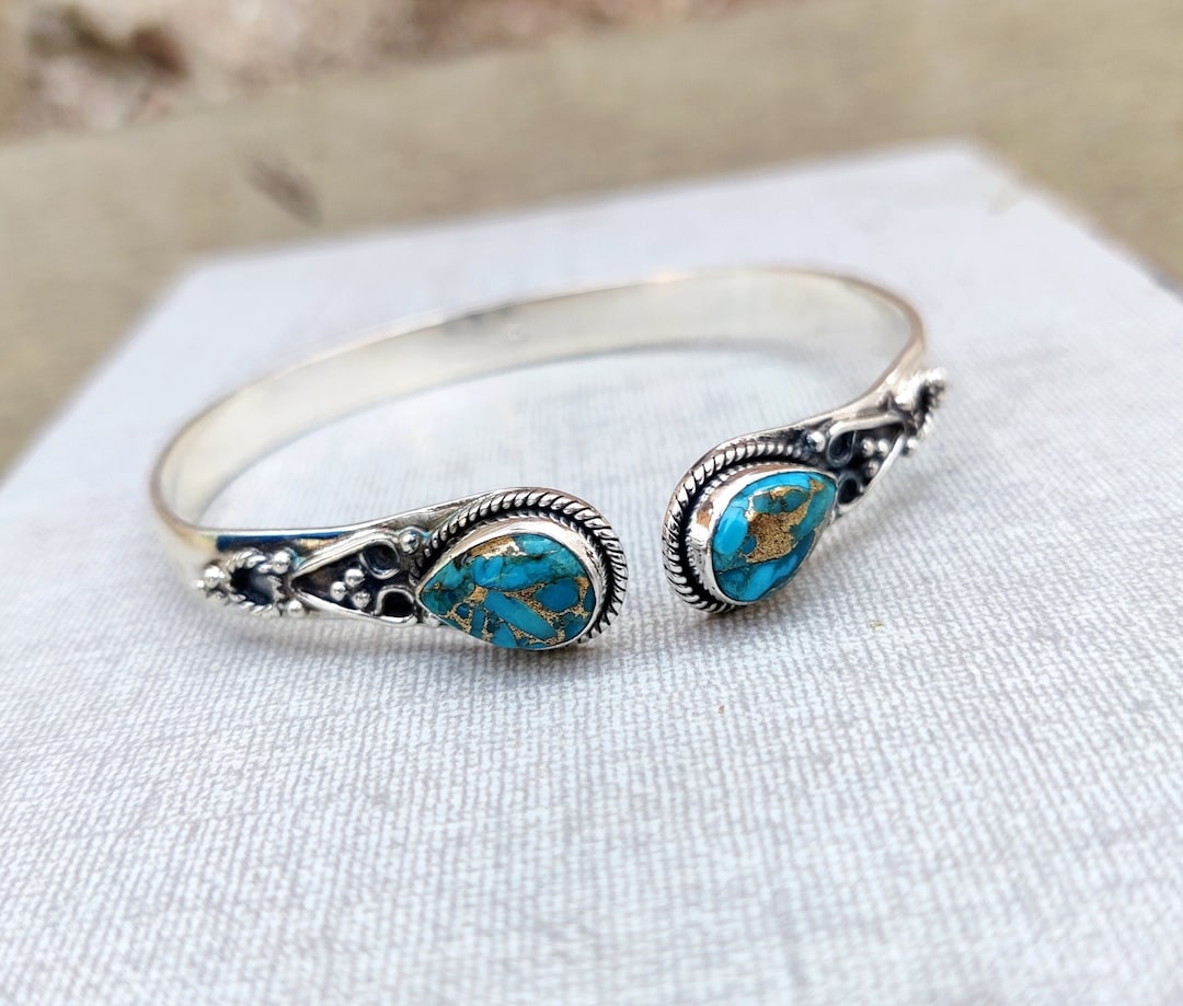Handmade Blue Copper Turquoise .925 Silver Bangle Bracelet - Etsy