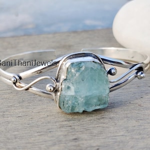 Handmade Raw Aquamarine 925 Sterling Silver Bangle, Adjustable Bracelet