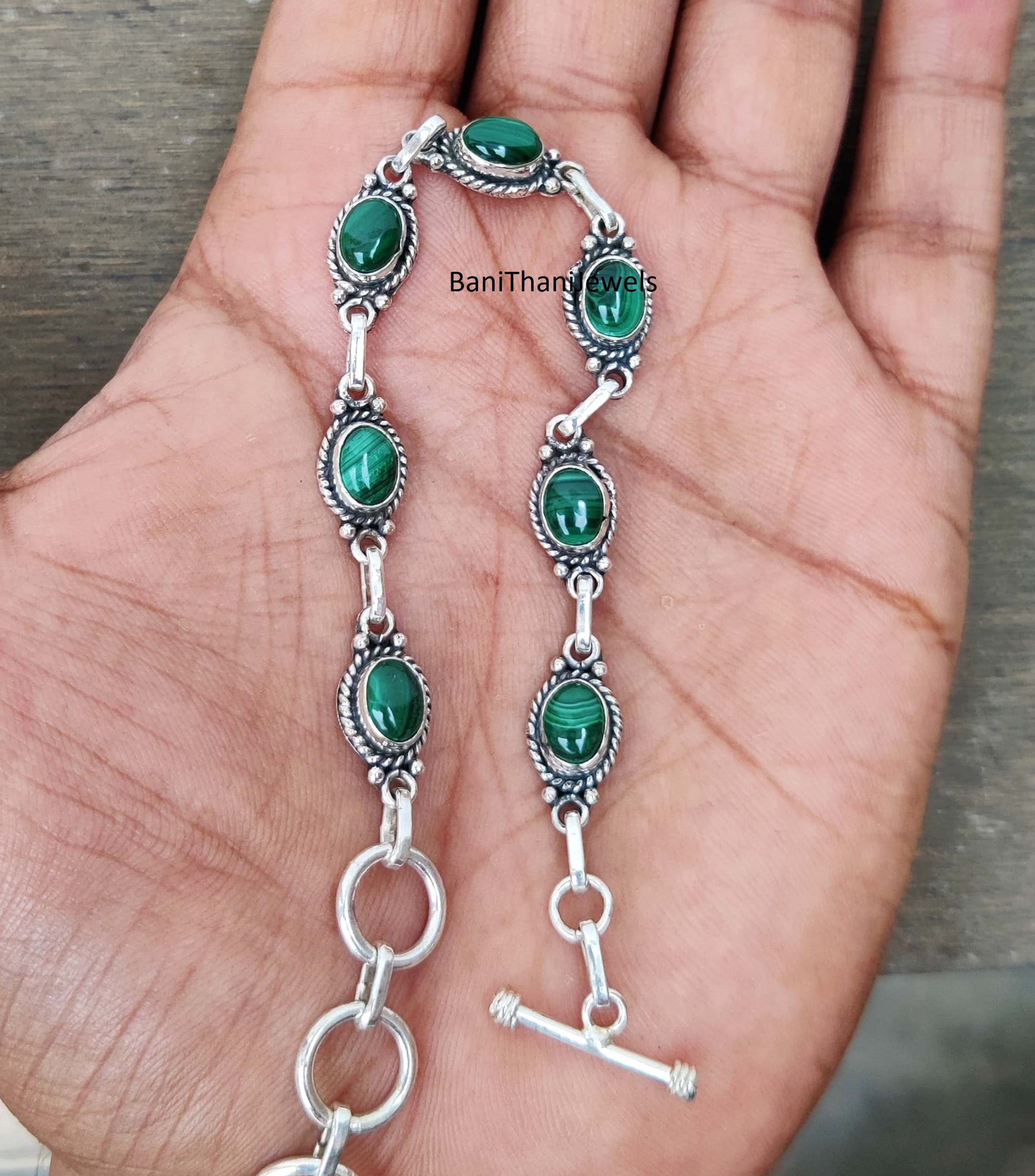 Handmade Malachite 925 Silver Bracelet, Adjustable Gemstone