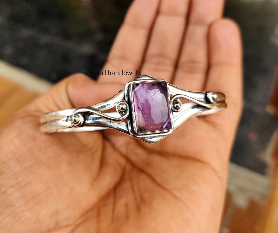 Handmade Amethyst Bangle: 925 Sterling Silver Adjustable Bracelet - Etsy