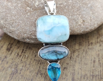 Larimar Pendant, Blue Topaz Pendant, Labradorite Pendant, 925 Silver Sterling Pendant, Handmade Pendant, Gemstone Pendant, Larimar Necklace