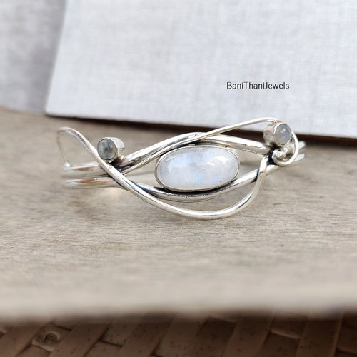 Bracelet jonc pierre de lune fait main, bijoux en argent sterling 925