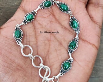 Handmade Malachite 925 Silver Bracelet, Adjustable Gemstone
