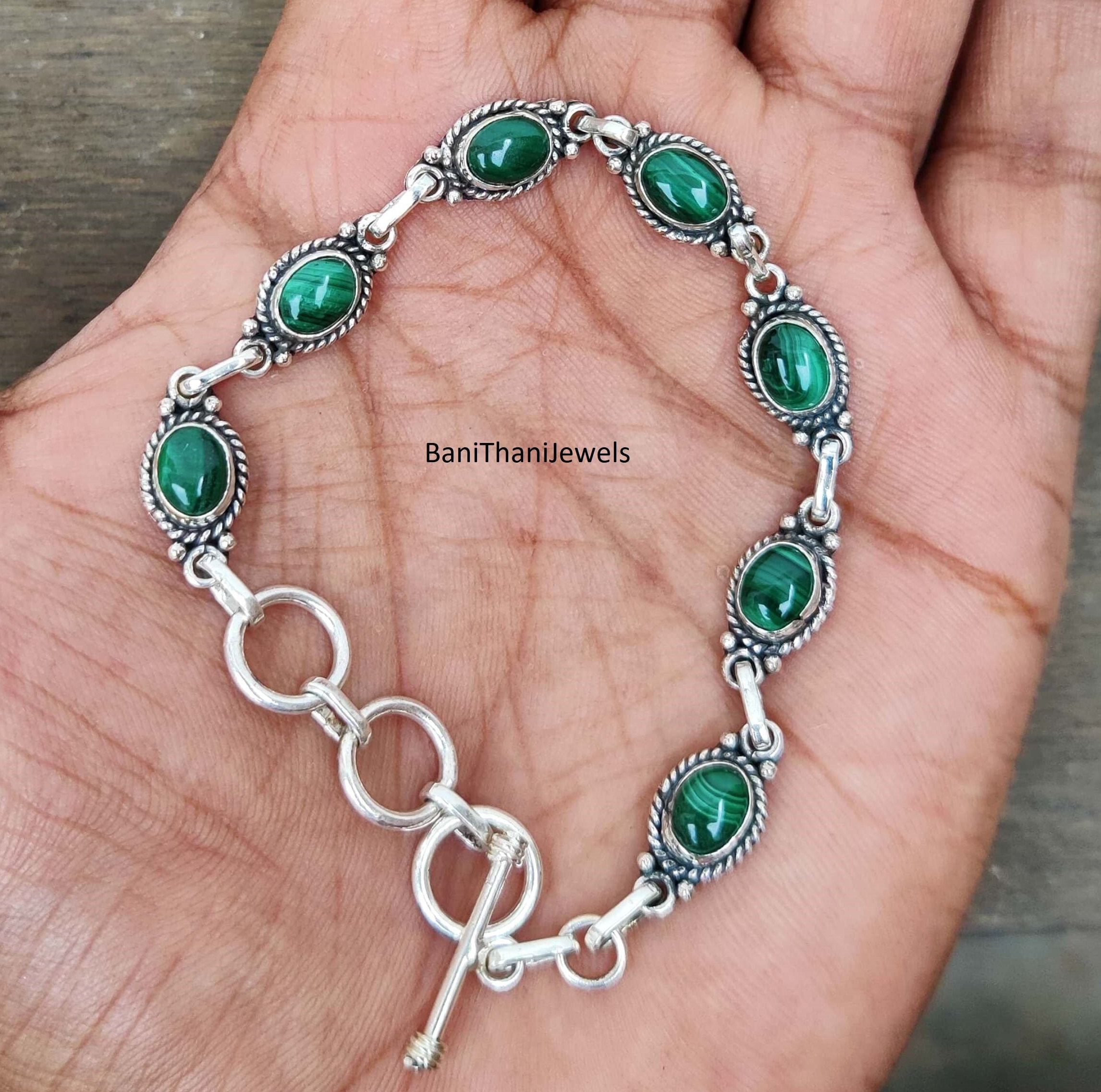 Handmade Malachite 925 Silver Bracelet, Adjustable Gemstone