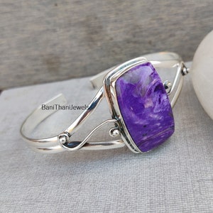 Charoite Bangle, Handmade Bangle, Gemstone Bracelet, 925 Silver Sterling Bangle, Charoite Jewelry, Adjustable Bracelet, Silver Bracelet image 4